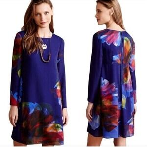 LEIFSDOTTIR Anthropologie Blue Watercolor Floral Silk Fanned Mini Dress, Medium